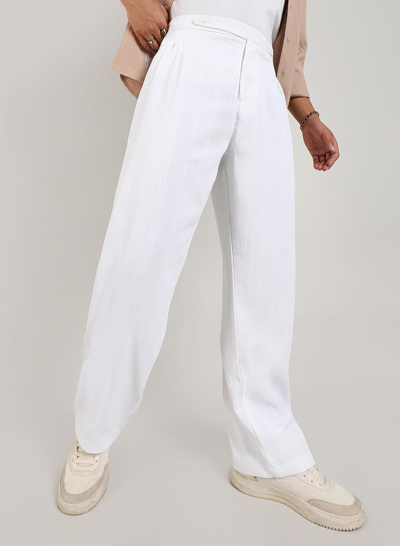 Campus Sutra Men's Chalk White Tailored Linen-Blend Trousers For Casual Wear | Tailored-Fit | Mid-Rise | Button Closure | Trousers Crafted With Comfort Fit For Everyday Wear - Image 3